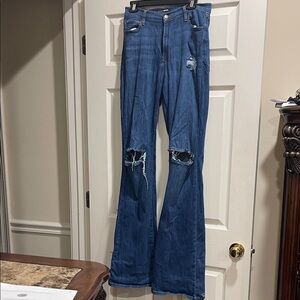 Fashion Nova Dark Blue Distressed Flare Jeans